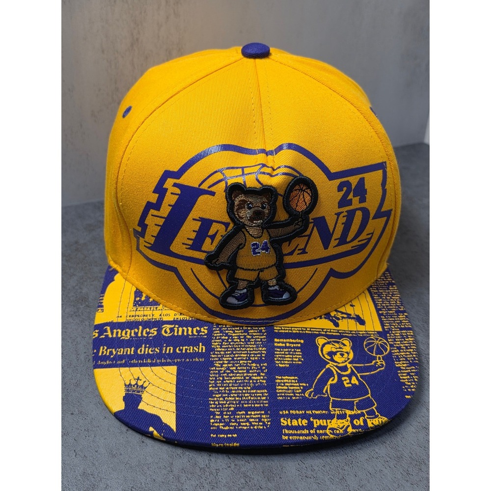 Top Level Kobe Bryant Legend 24 Bear Snapback Hat Yellow Purple Newspaper Brim
